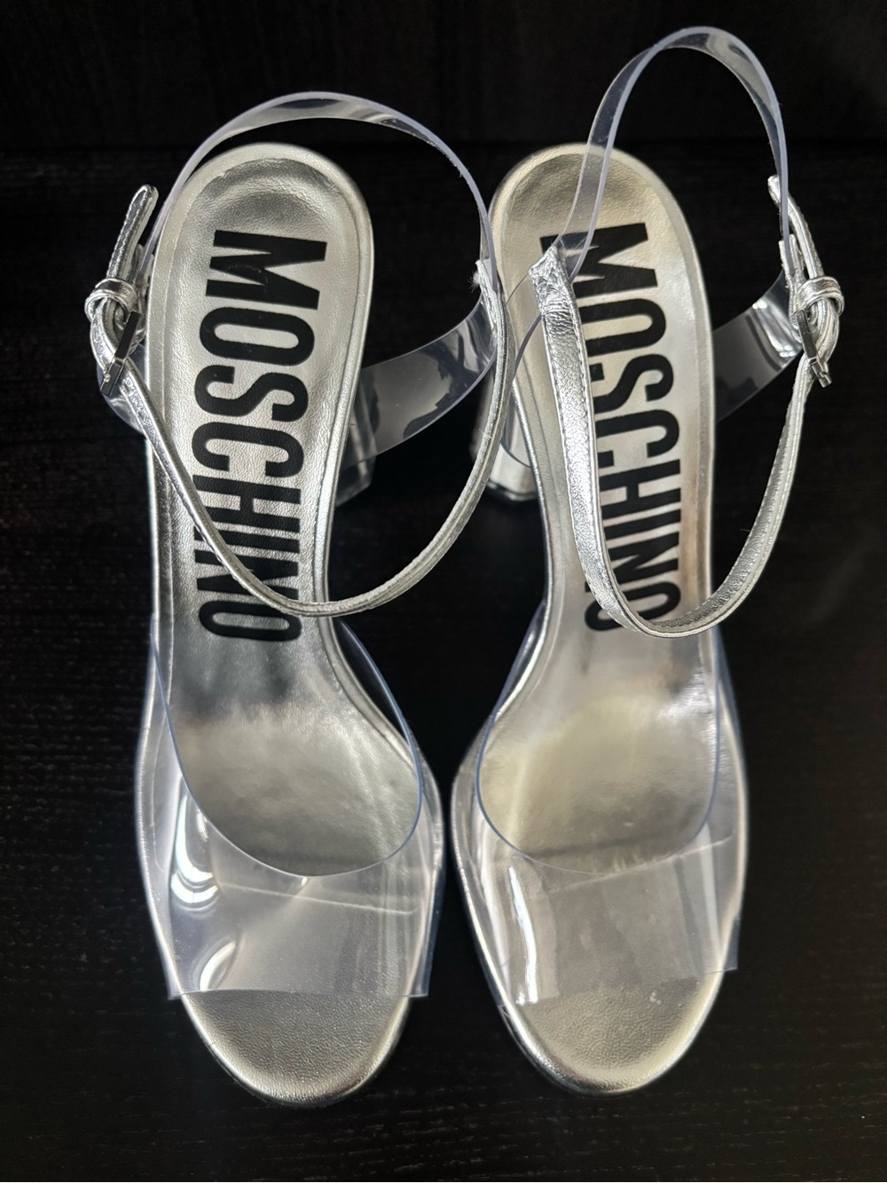 Moschino Salt & Pepper Silver Clear Strap Sandals